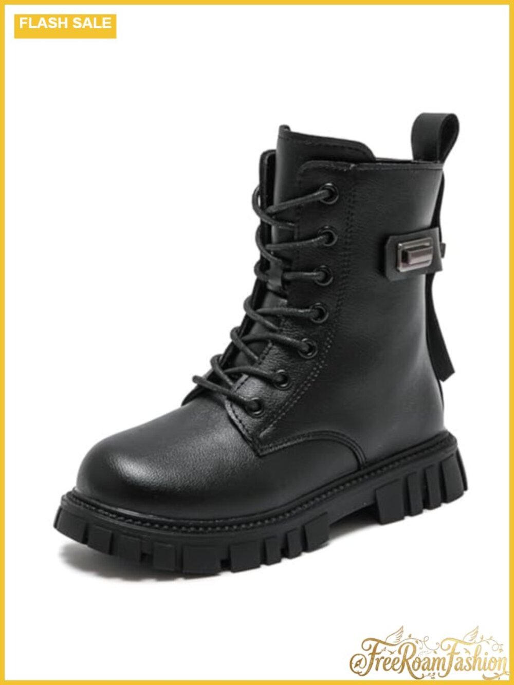 Lace Up Ankle Boots Faux Leather Combat Booties Side Zipper Lug Sole